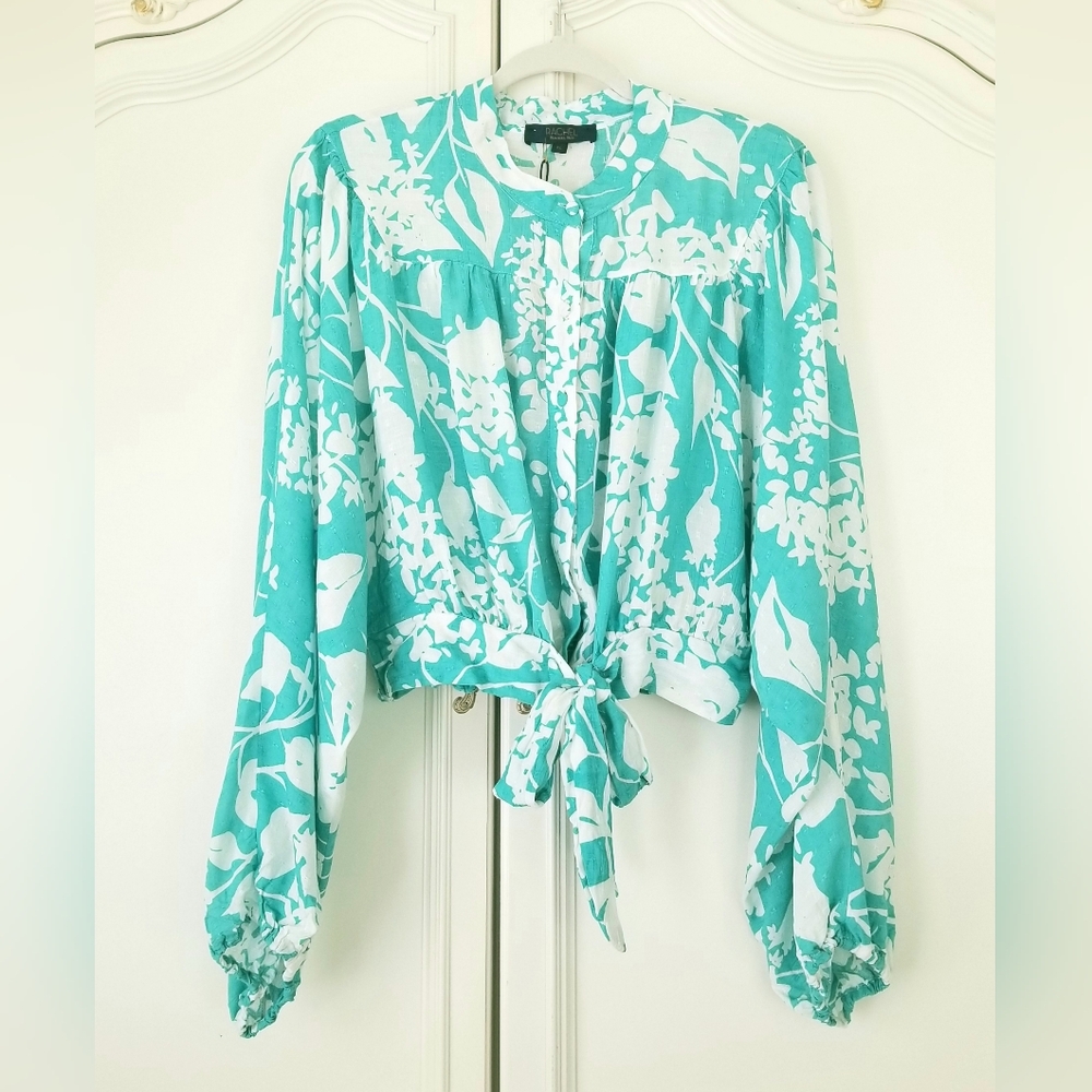 Rachel Roy Teal White Floral Dolman Sleeve Button Front Tie Waist Top XL NWT